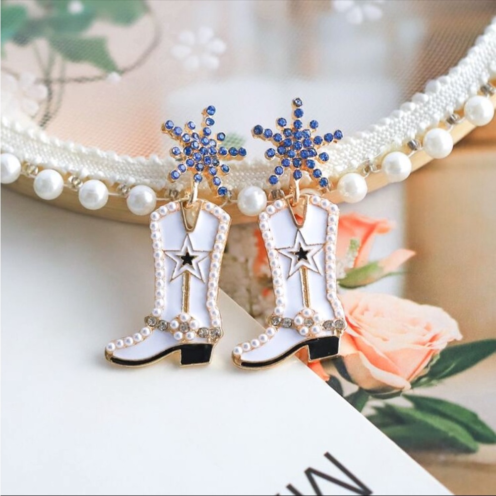 White Pearl Cowboy Boot Earrings, Cowgirl Boot Earrings, Boot Earrings